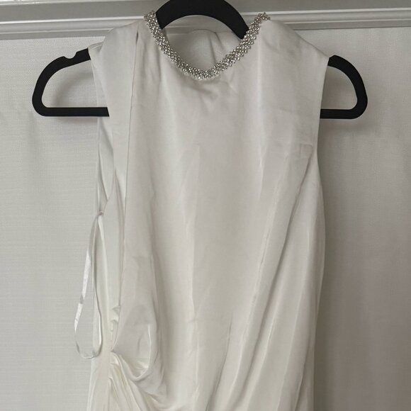 White Rhinestone Neckline Draped Mini Dress Womens Gown Mac Duggal - Picture 7 of 13